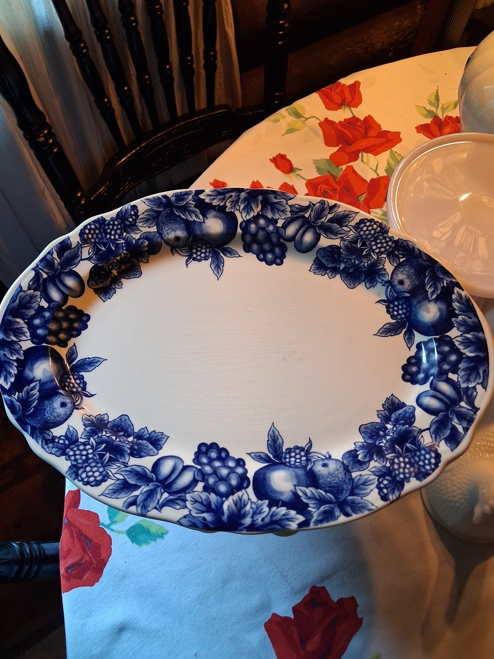 Blue Floral Fruit Border Oval Serving Platter - White and Blue Vintage